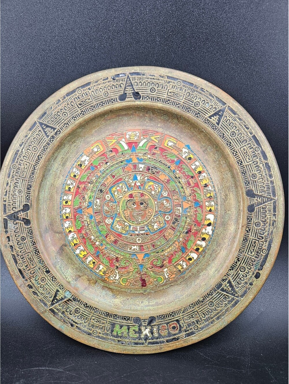 Vintage 8” Mexican Brass Enameled Aztec Calendar Wall Plate Souvenir Folk Art
